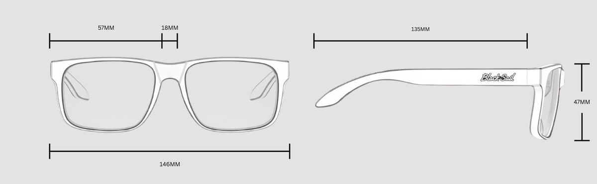 Rudder frame shape: 57 millimeter lens, 18 millimeter bridge, 135 millimeter temple